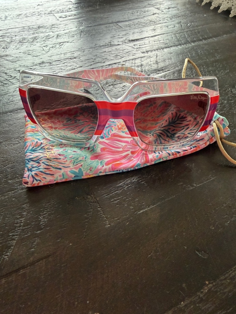 Lilly Pulitzer Clear Frame Sunglasses with Pink and Red Stripe Accent